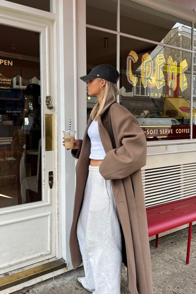 Camel Long Coat + White Crop Tank Top + Grey Wide-Leg Sweatpants
