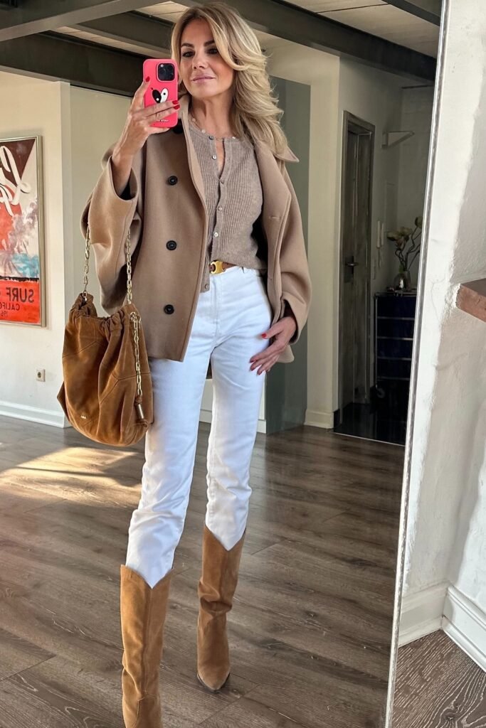 Camel Pea Coat + Taupe Cardigan + White Straight-Leg Jeans + Brown Suede Western Boots