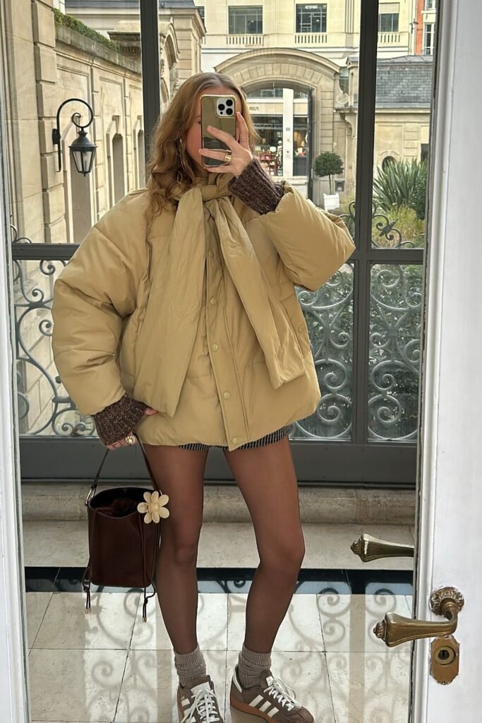 Camel Puffer Jacket with Scarf Tie + Brown Knit Cuffs + Plaid Shorts + Brown Sneakers