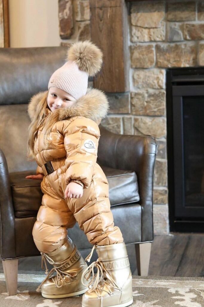Camel Puffer Snowsuit + Pink Pom-Pom Beanie + Gold Snow Boots