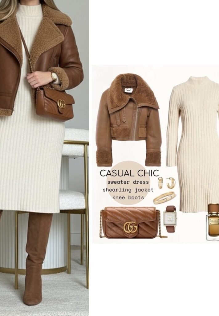 Camel Shearling Jacket + Beige Sweater Dress + Brown Suede Knee Boots + Brown Crossbody Bag