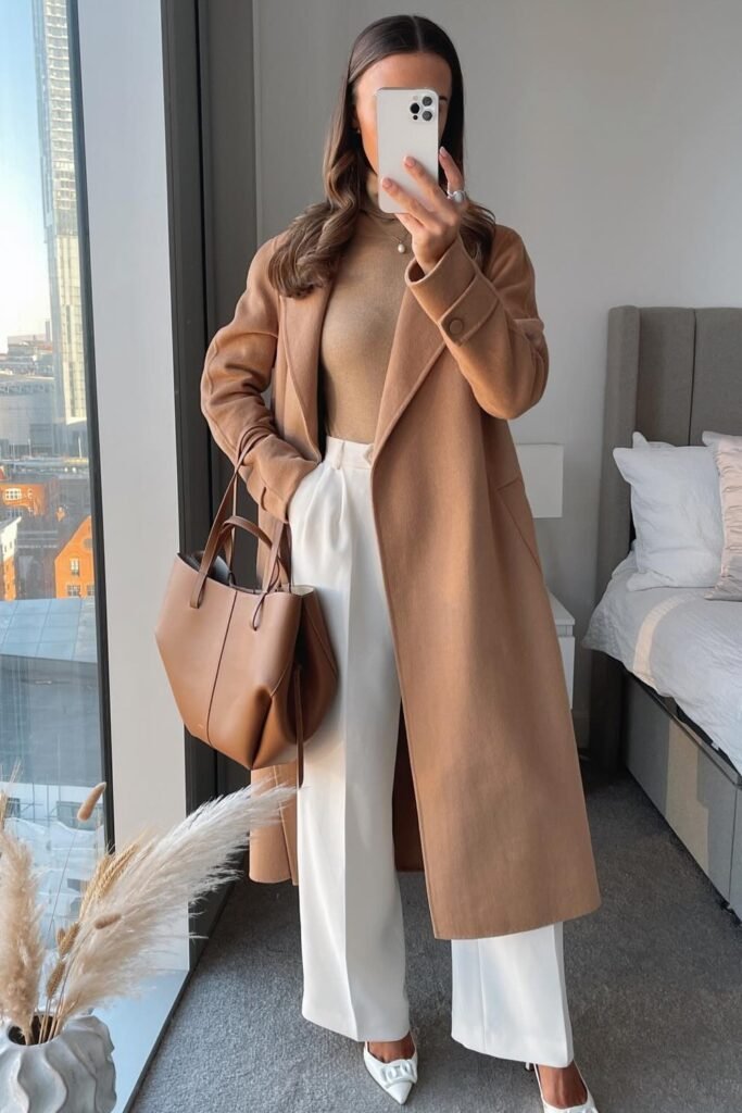 Camel Wool Coat + Camel Turtleneck Top + White Wide-Leg Trousers + White Pointed Heels