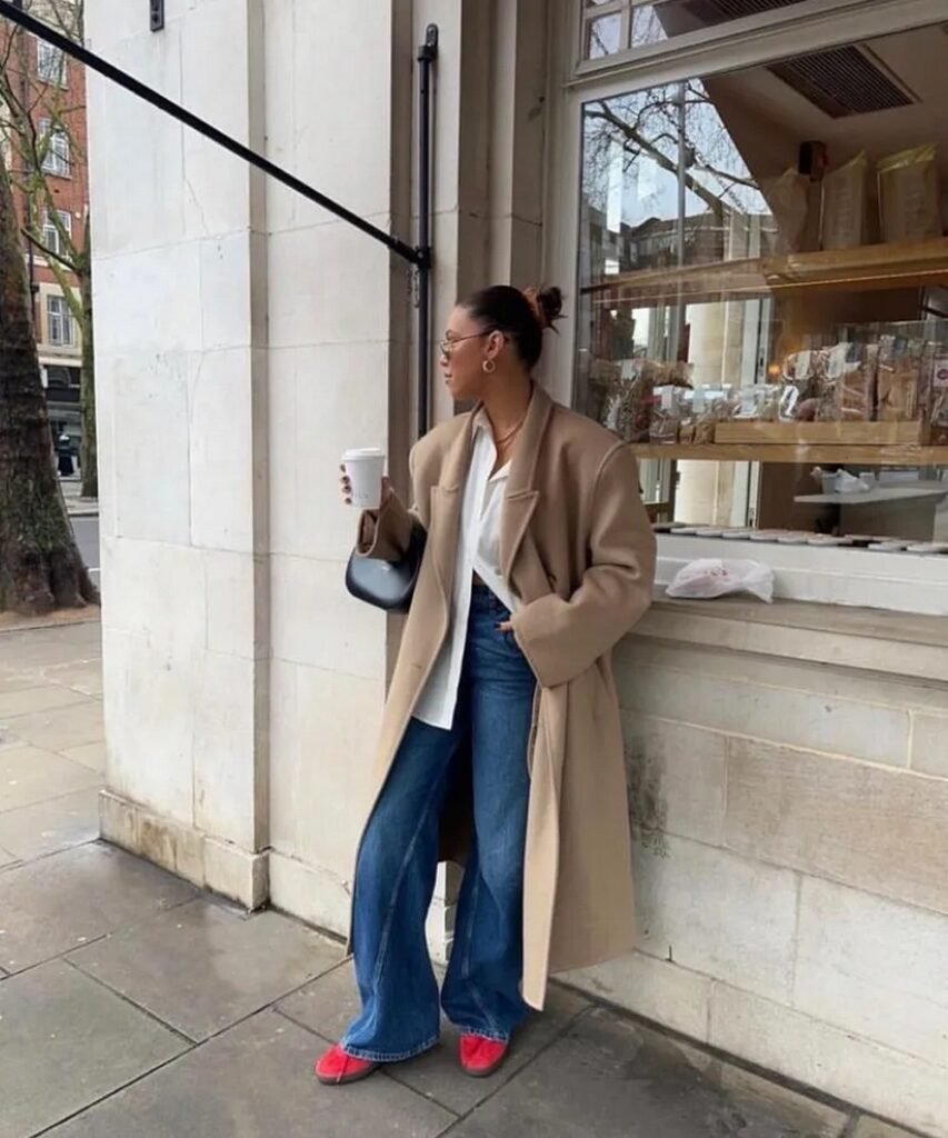 Camel Wool Coat + White Button-Up Shirt + Dark Wash Flared Jeans + Red Flats + Black Shoulder Bag
