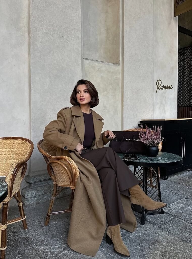 Camel Wool Wrap Coat + Dark Brown Fitted Top + Brown Wide-Leg Trousers + Tan Suede Ankle Boots