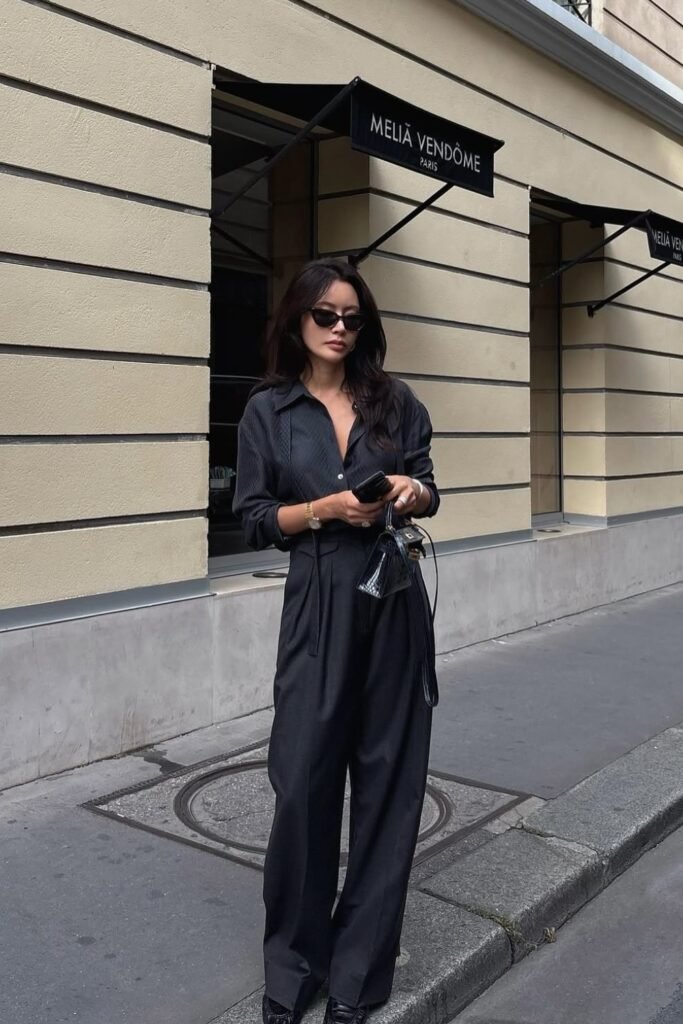 Charcoal Button-Up Shirt + Matching Wide-Leg Trousers + Black Loafers + Black Mini Bag