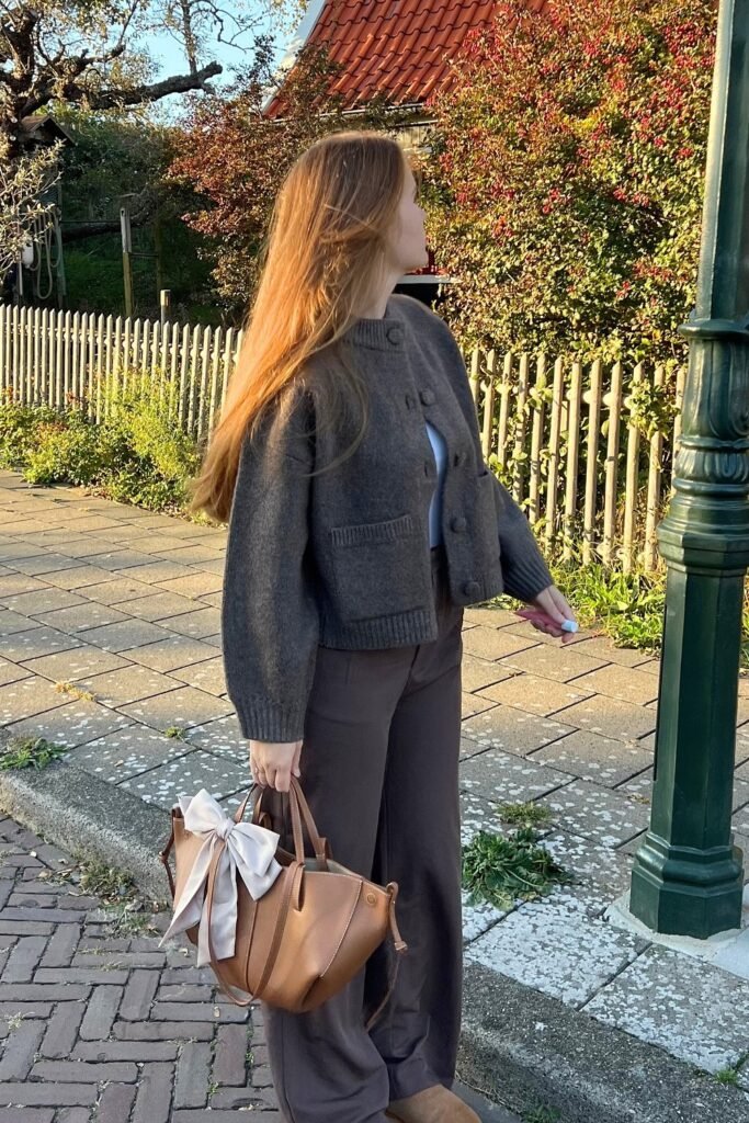 Charcoal Grey Cropped Cardigan + Brown Wide-Leg Trousers + Brown Leather Handbag