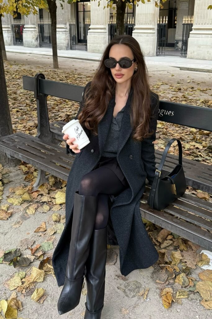 Charcoal Grey Long Coat + Black Mini Skirt + Black Leather Knee-High Boots