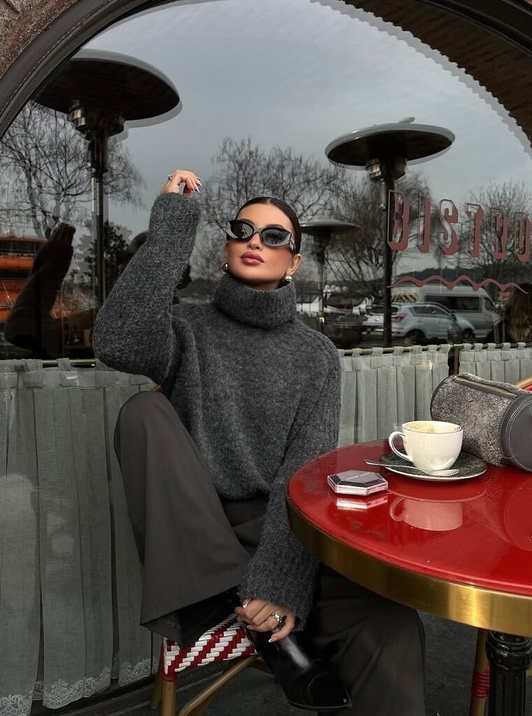 Charcoal Grey Oversized Turtleneck Sweater + Dark Grey Wide-Leg Trousers + Black Loafers