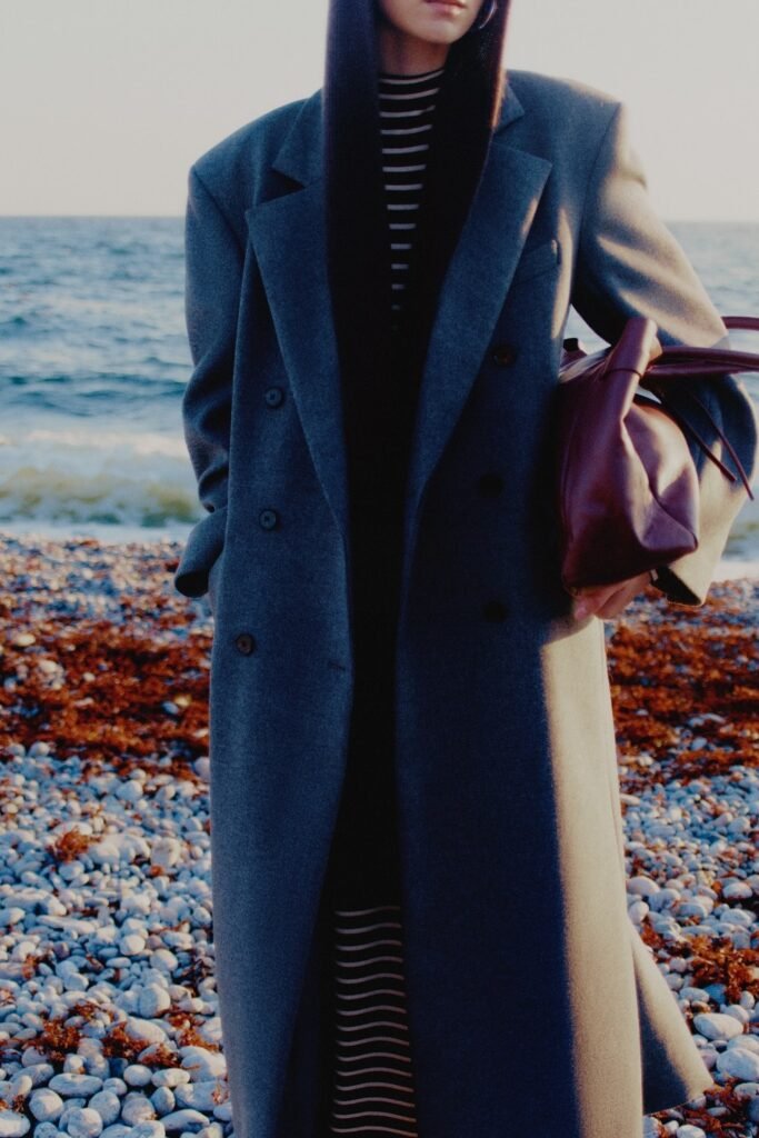 Charcoal Grey Oversized Wool Coat + Striped Black Turtleneck Dress + Maroon Leather Bag