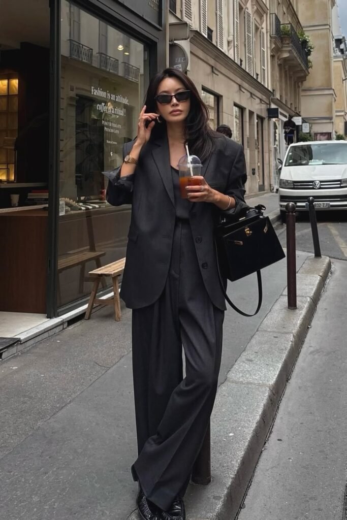 Charcoal Oversized Suit + Black Satin Camisole + Black Loafers + Black Structured Bag