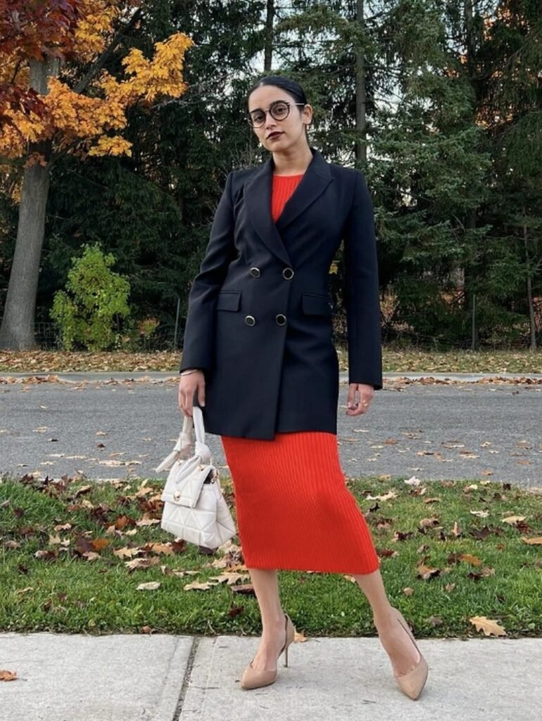 Chic Black Blazer + Vibrant Red Ribbed Dress + Nude Heels