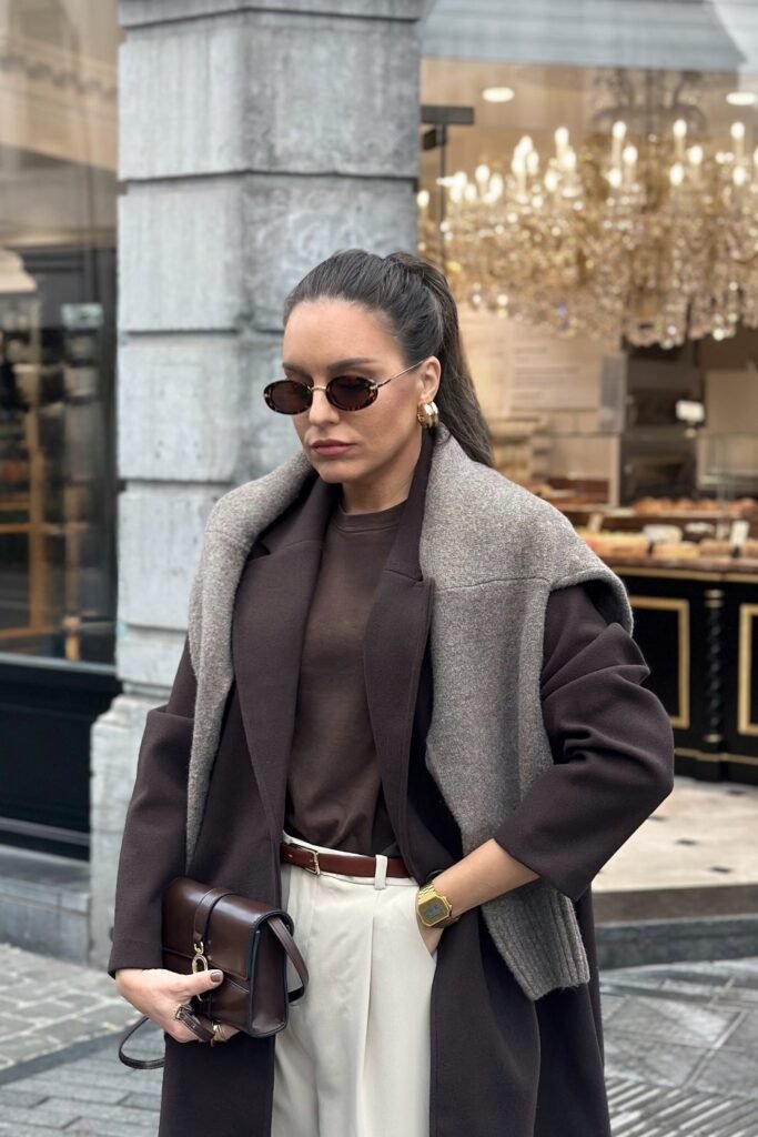 Chocolate Brown Coat + Brown Tee + Cream Wide-Leg Trousers + Gray Sweater Scarf