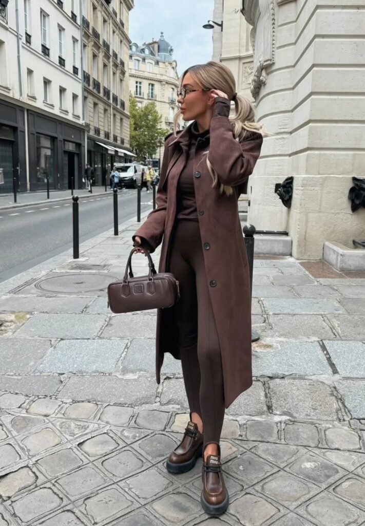 Chocolate Brown Long Coat + Brown Turtleneck + Brown Leggings + Brown Platform Loafers + Brown Structured Handbag