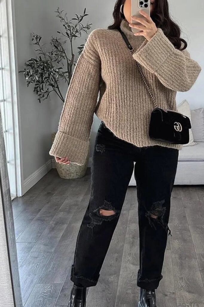 Chunky Beige Turtleneck Sweater + Distressed Black Jeans + Black Ankle Boots