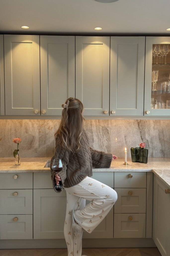 Chunky Brown Cable Knit Sweater + White Printed Pajama Pants + Beige Fuzzy Slippers + Beige Hair Bow Clip
