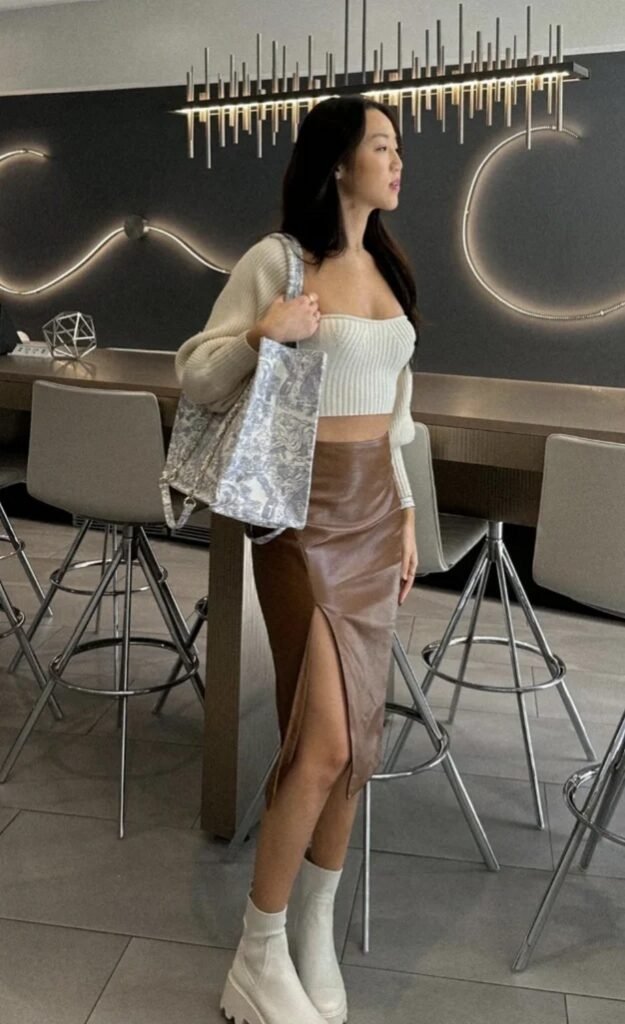 Chunky Knit Sweater + Brown Midi Skirt + White Ankle Boots