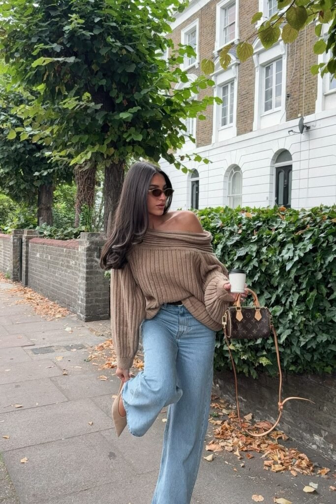 Chunky Off-Shoulder Knit Sweater + Light Wash Wide-Leg Jeans + Nude Pointed Heels