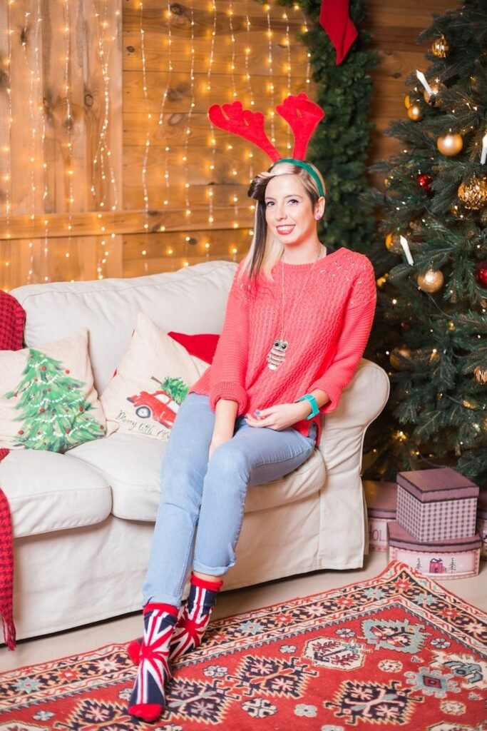 Coral Sweater + Light Blue Jeans + Union Jack Socks + Reindeer Antlers