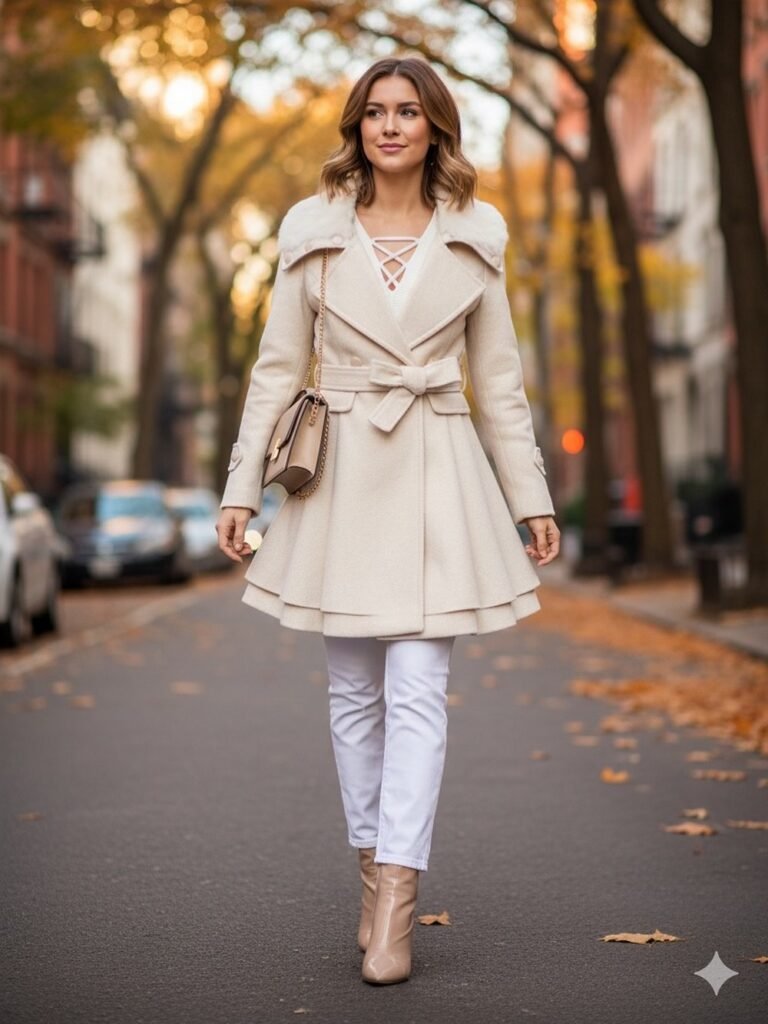 Cream Belted Coat with Fur Collar + White Lace-Up Top + White Pants + Beige Ankle Boots + Beige Crossbody Bag