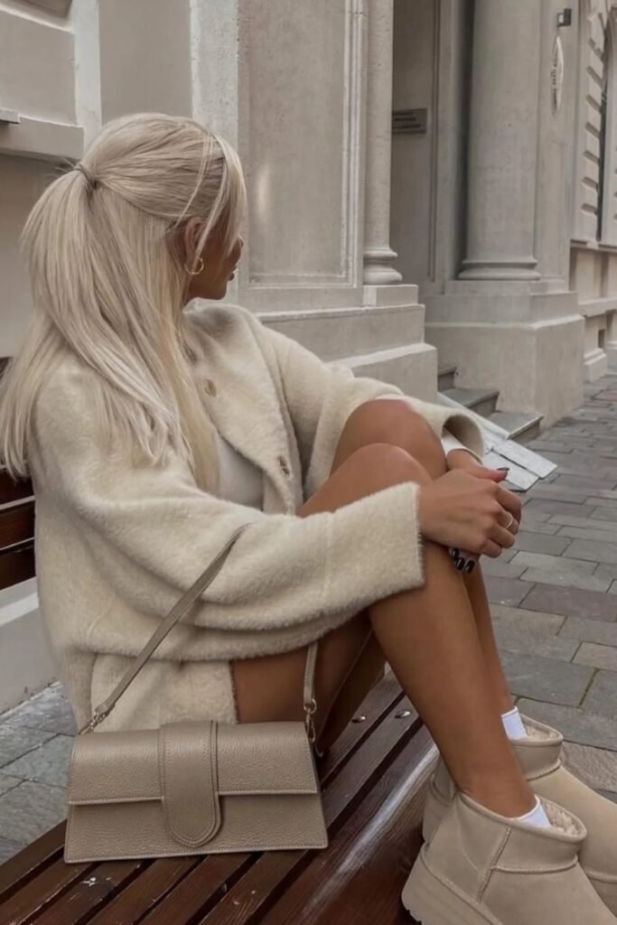 Cream Boucle Cardigan + Cream Knit Mini-Skirt Set + Beige Platform Boots