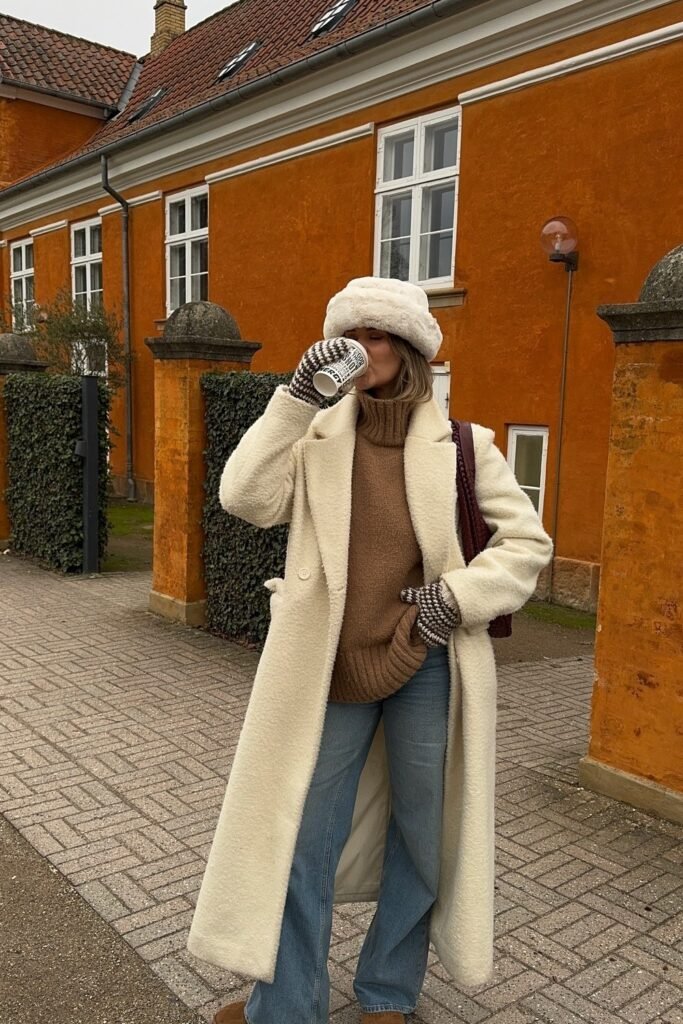 Cream Boucle Coat + Tan Turtleneck Sweater + Light Blue Flare Jeans