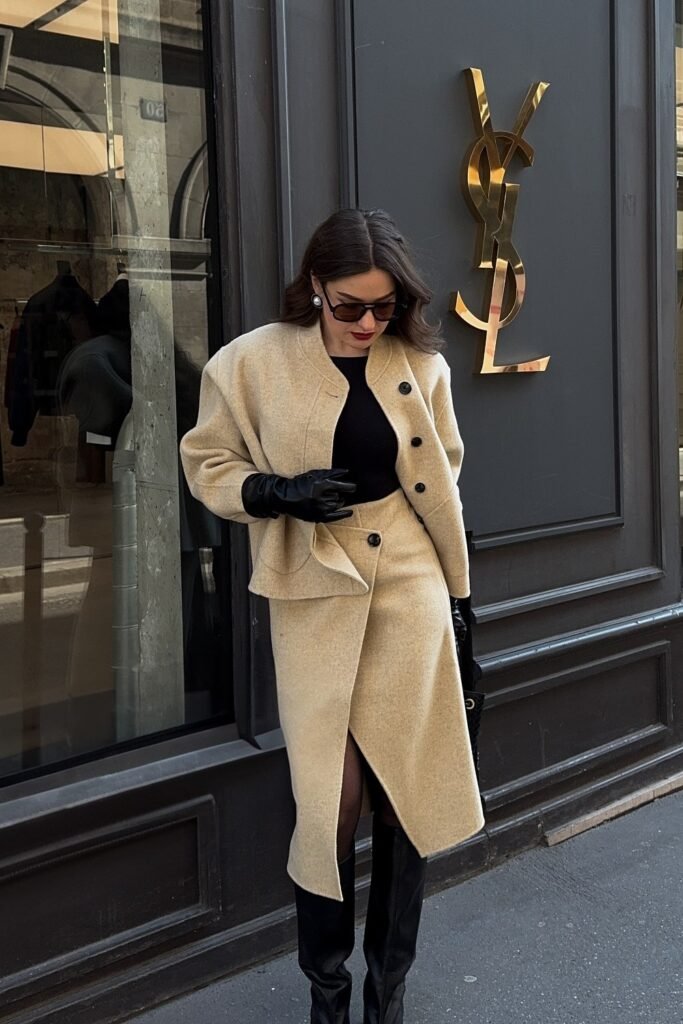 Cream Bouclé Cropped Jacket + Black Top + Cream Asymmetrical Midi Skirt + Black Knee-High Boots