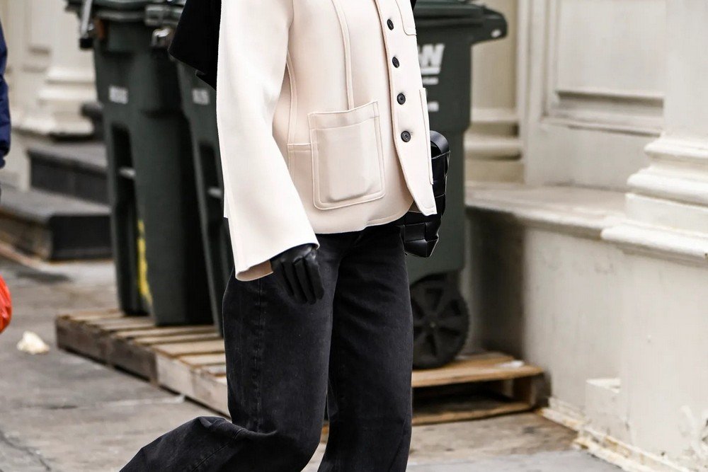 Cream Button-Front Jacket + Black Gloves + Black Wide-Leg Jeans