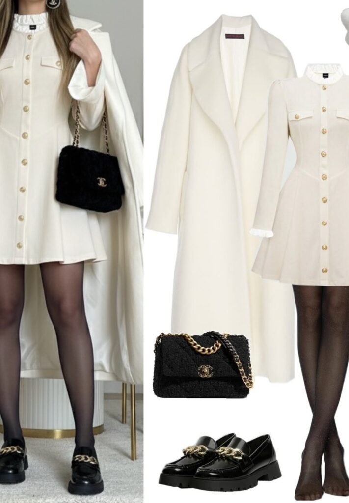 Cream Button Mini Dress + Cream Maxi Coat + Black Sheer Tights + Black Loafers + Black Chanel Bag