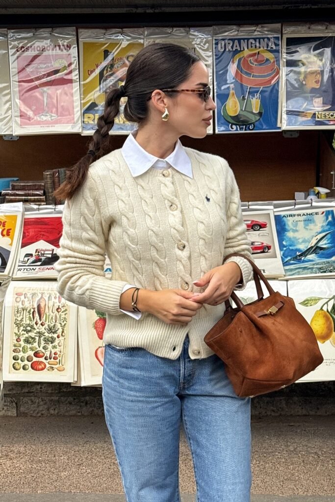 Cream Cable Knit Cardigan + White Shirt + Blue Jeans + Brown Suede Bag + Gold Earrings