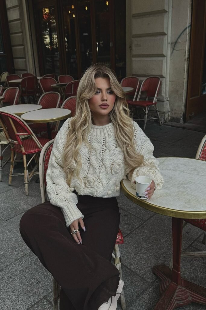 Cream Cable Knit Cropped Sweater + Brown Corduroy Wide-Leg Trousers + White Sneakers