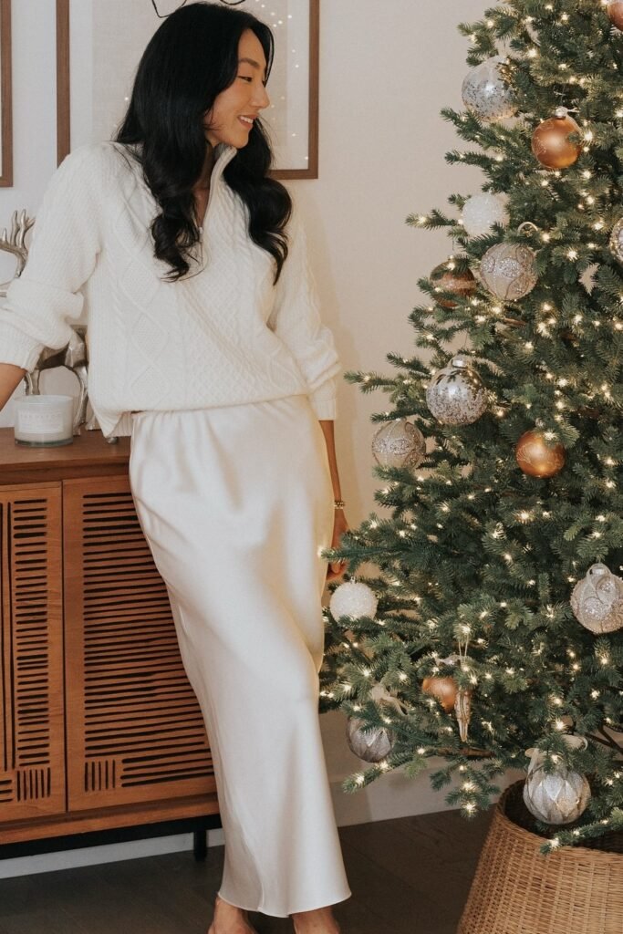 Cream Cable-Knit Half-Zip Sweater + Cream Silk Maxi Skirt + Gold Bracelet