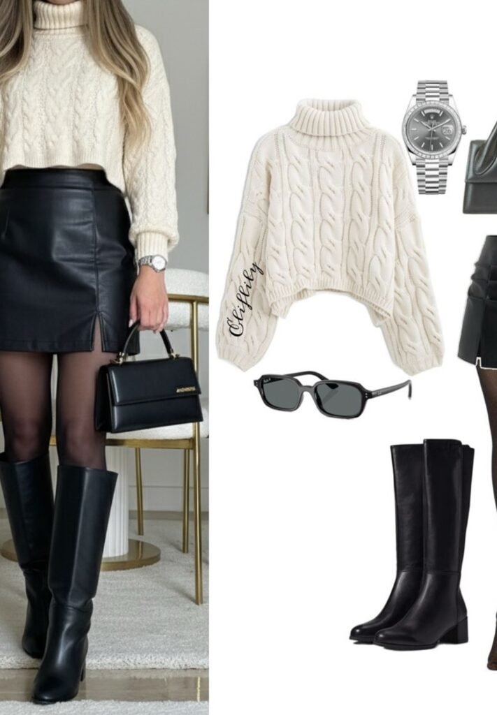 Cream Cable Knit Sweater + Black Leather Mini Skirt + Black Knee Boots + Black Structured Bag