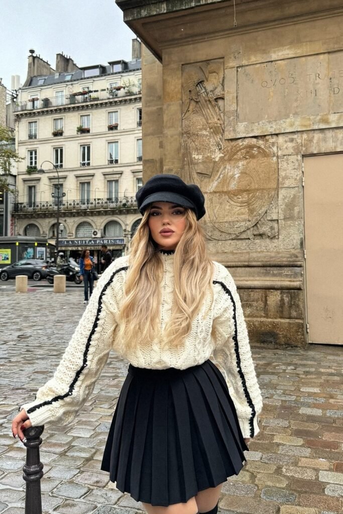 Cream Cable Knit Sweater with Black Trim + Black Pleated Mini-Skirt + Black Baker Boy Hat