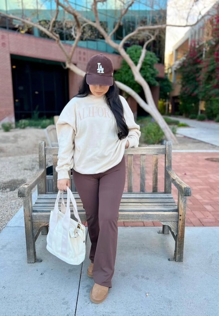 Cream “California” Sweatshirt + Brown Flared Pants + Brown Cap + Tan Slippers + White Tote Bag