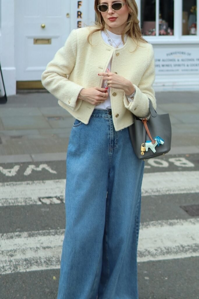 Cream Cropped Jacket + White T-shirt + Medium Wash Wide-Leg Jeans + Gray Bucket Bag