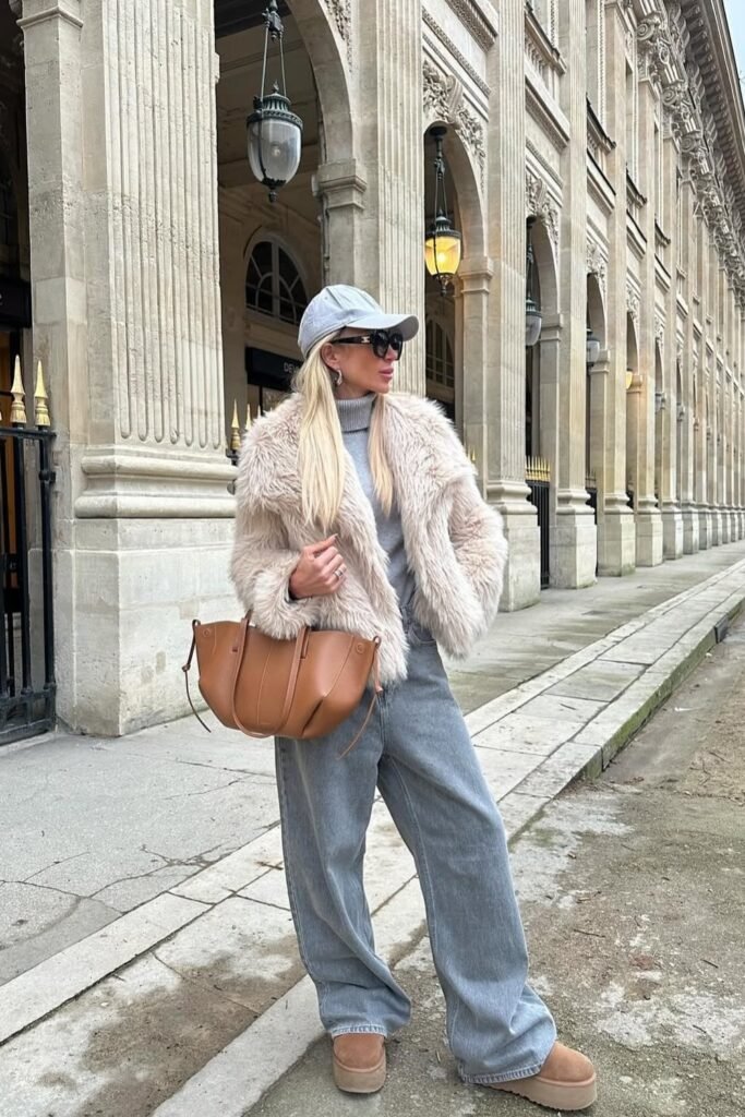 Cream Faux Fur Jacket + Grey Turtleneck + Grey Wide-Leg Jeans + Tan Platform UGGs + Tan Tote Bag