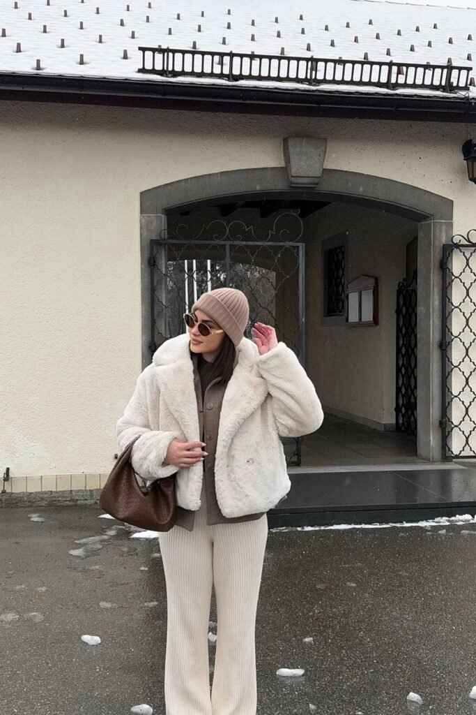 Cream Faux Fur Jacket + Tan Knit Beanie + Cream Ribbed Flared Pants