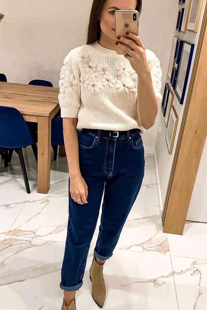 Cream Floral Embellished Knit Sweater + Dark Wash Cuffed Mom Jeans + Tan Pointed Toe Ankle Boots + Black Belt