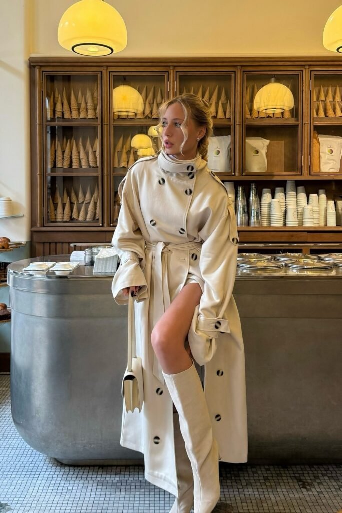 Cream High-Neck Trench Coat + Cream Knee-High Suede Boots + Cream Shoulder Bag