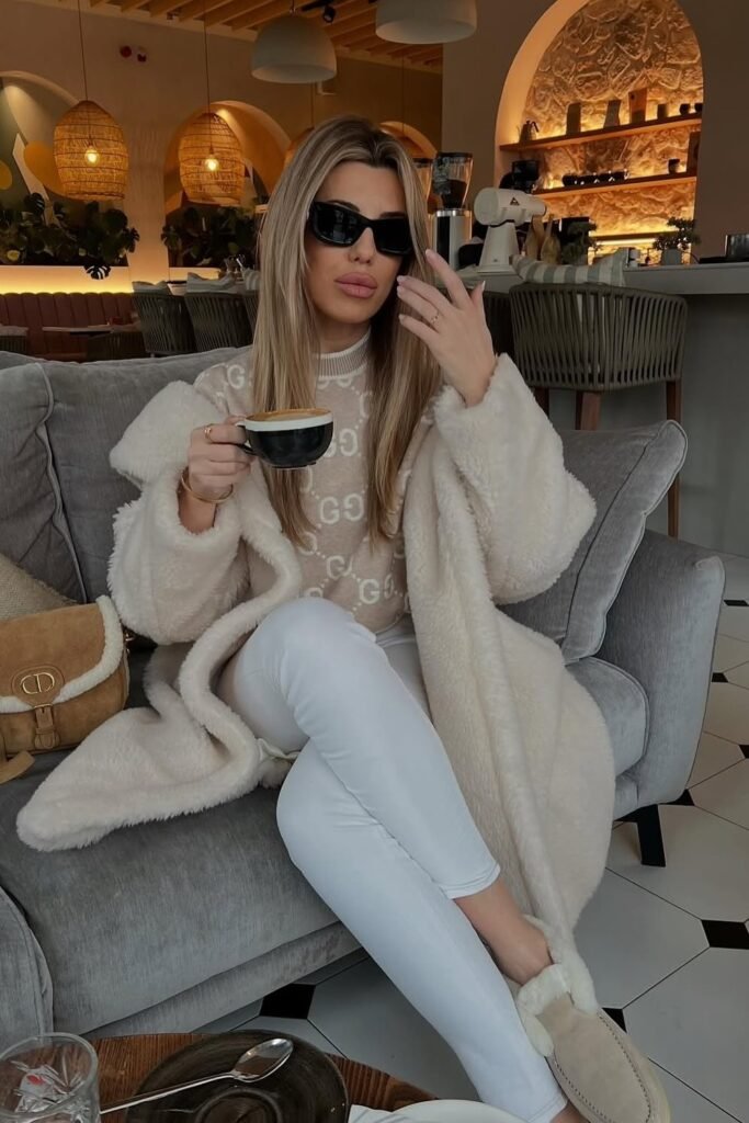 Cream Logo Sweater + Cream Teddy Coat + White Skinny Jeans + Cream Slipper Shoes + Tan and Cream Crossbody Bag