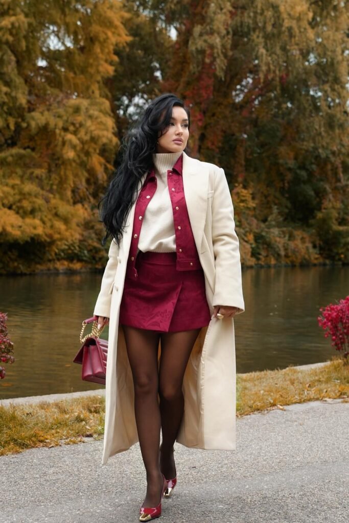 Cream Long Wool Coat + Cream Turtleneck Sweater + Burgundy Brocade Mini Skirt + Burgundy Patent Heels + Burgundy Top-Handle Bag