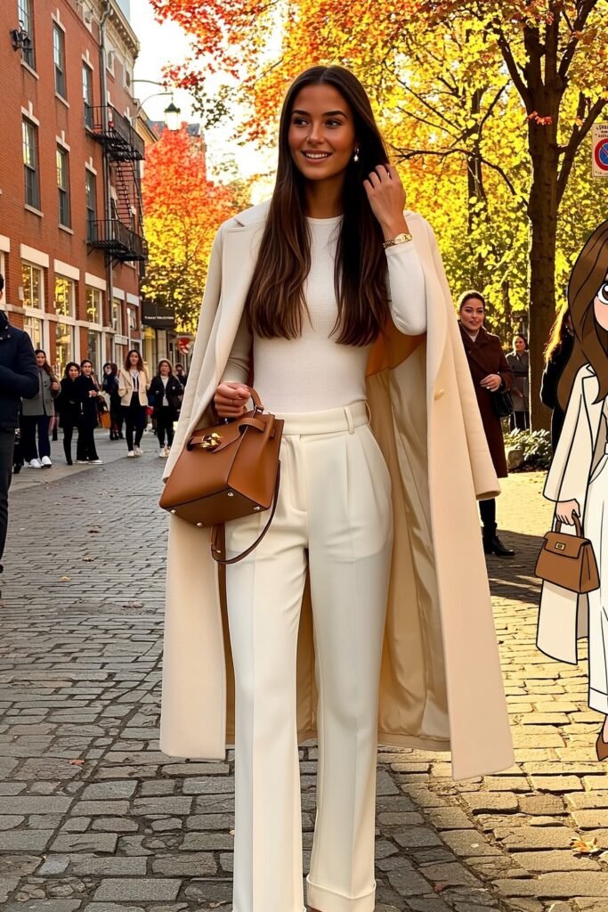 Cream Longline Coat + White Ribbed Top + Cream Tailored Trousers + Tan Structured Handbag
