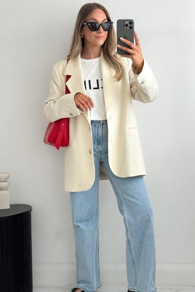 Cream Oversized Blazer + White Graphic T-shirt + Light Wash Straight-leg Jeans + Red Shoulder Bag