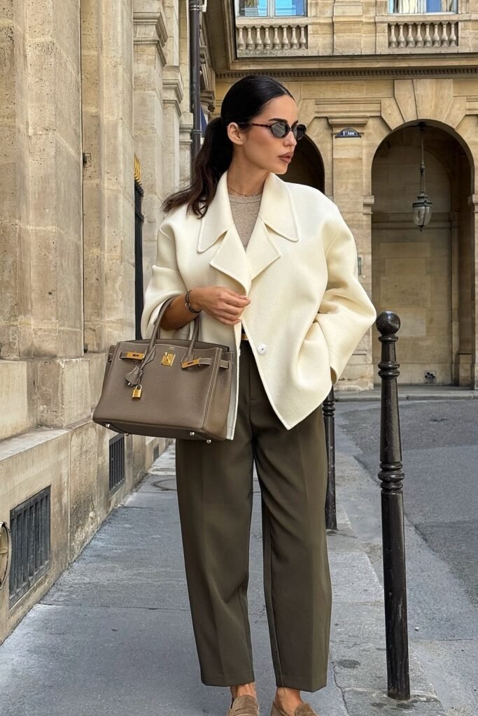 Cream Oversized Jacket + Beige Knit Top + Olive Green Tailored Trousers + Taupe Birkin Bag + Brown Loafers