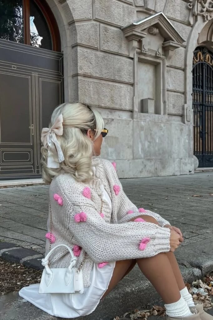 Cream Pom-Pom Cardigan + White Slip Dress + Nude Pink Hair Bow