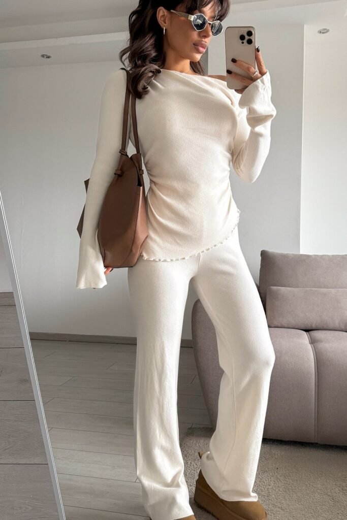 Cream Ribbed Top + Cream Wide-Leg Pants + Brown Tote Bag + Brown Platform Shoes