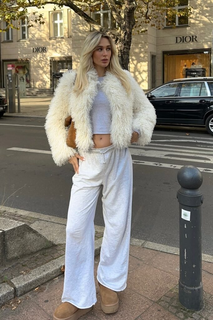 Cream Shaggy Faux Fur Jacket + Grey Cropped Top + Grey Wide-Leg Sweatpants + Tan Platform Boots