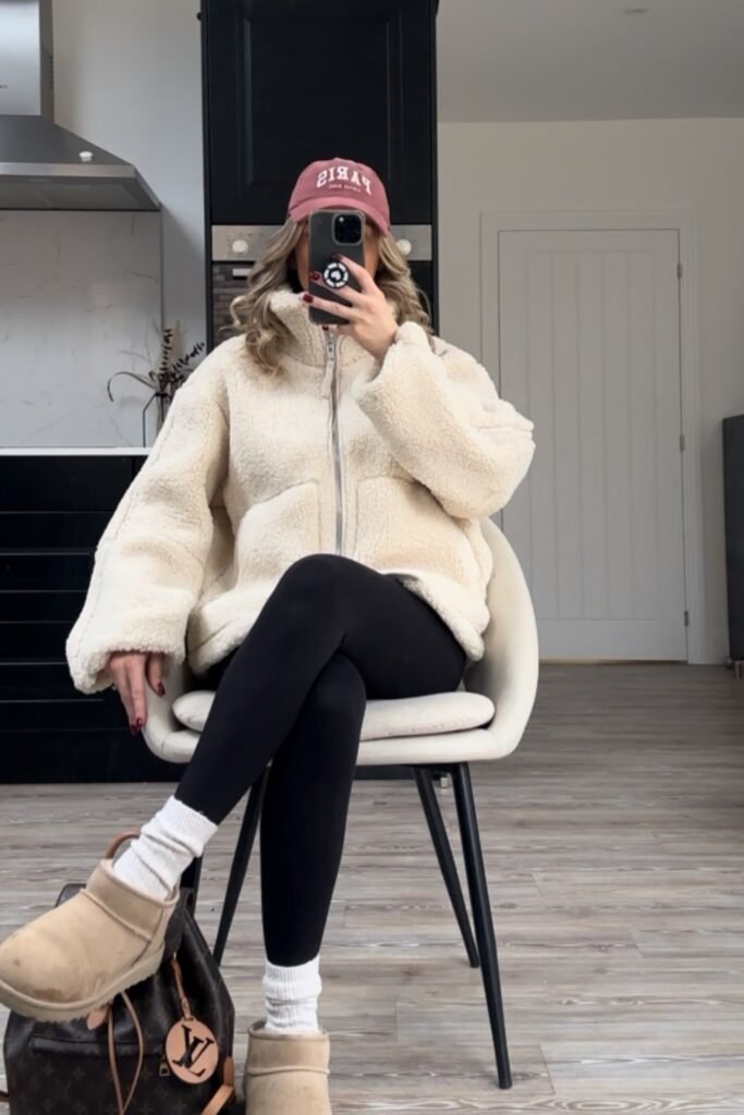 Cream Sherpa Jacket + Black Top + Black Leggings + Ugg Boots + Pink Cap