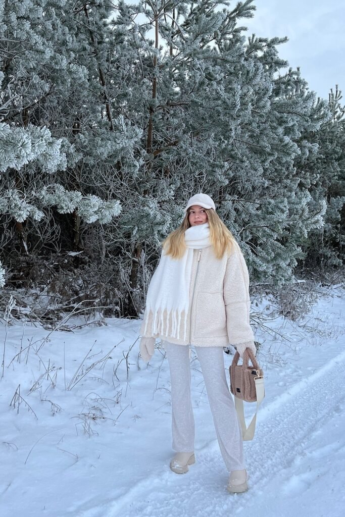 Cream Sherpa Jacket + White Scarf + Cream Knit Pants + Chunky White Boots + Beige Crossbody Bag
