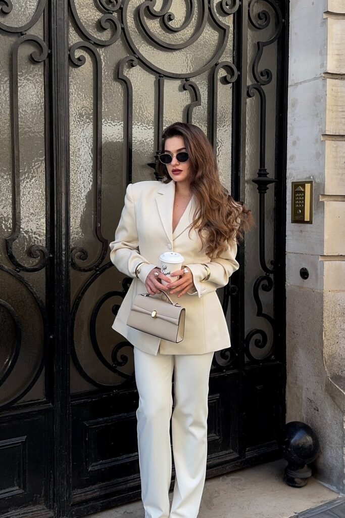 Cream Structured Blazer + Cream Wide-Leg Trousers + V-Neck Top + Nude Top-Handle Bag
